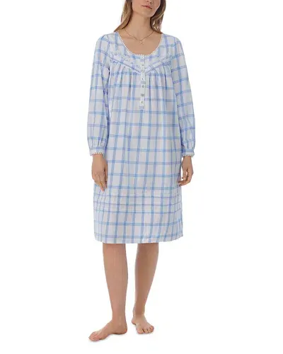 Eileen West Flannel Long Sleeve Waltz Nightgown In Blue Plaid