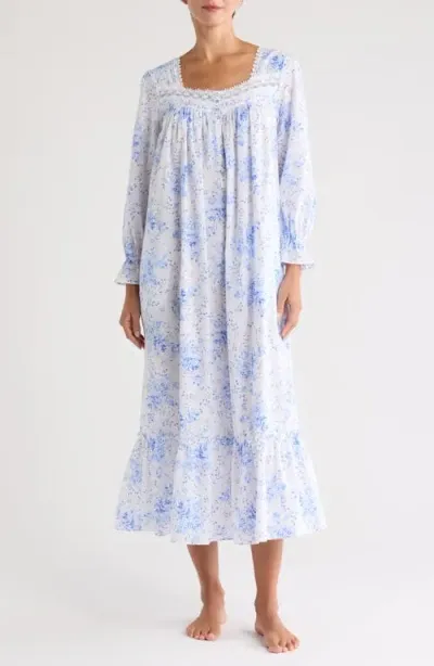 Eileen West Long Sleeve Cotton Ballet Nightgown In White/ Blue Floral