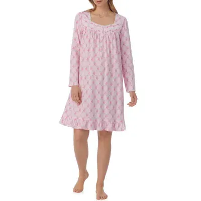 Eileen West Long Sleeve Cotton Jersey Short Nightgown In Pink Print