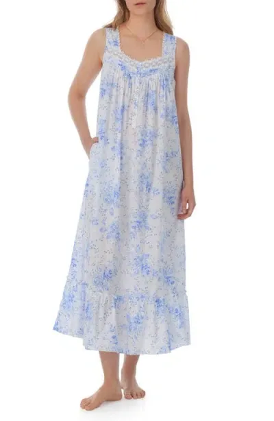 Eileen West Sleeveless Ballet Nightgown In White/blue Floral