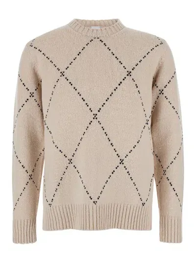 Eleventy Beige Diamond Pattern Crewneck Sweater In Wool In Neutrals