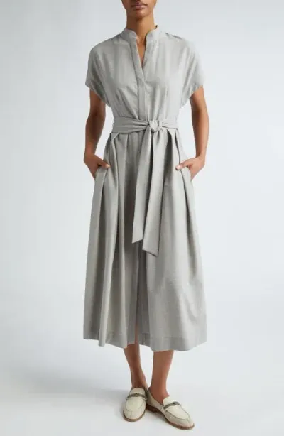 Eleventy Cap Sleeve Stretch Wool Midi Shirtdress In Grey