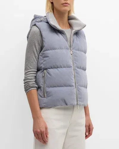 Eleventy Hooded Corduroy Puffer Vest In Baby Blue