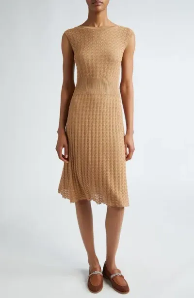 Eleventy Pointelle Cap Sleeve Sweater Dress In Camel