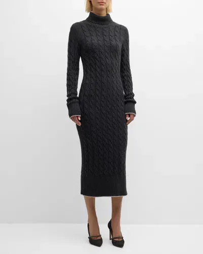 Eleventy Turtleneck Cable-knit Midi Sweater Dress In Smoke Gray And Light Gray