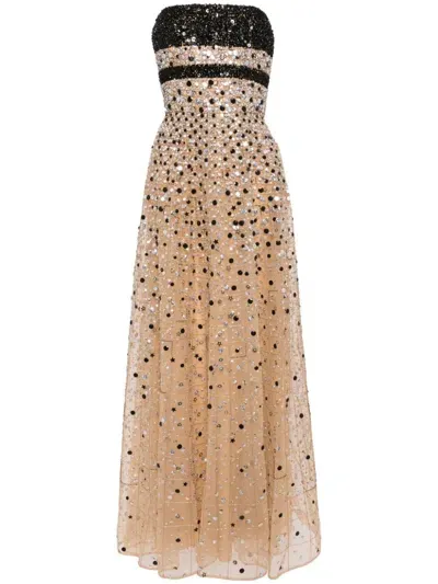 Elie Saab Bead-embroidered Silk Long Dress In Brown