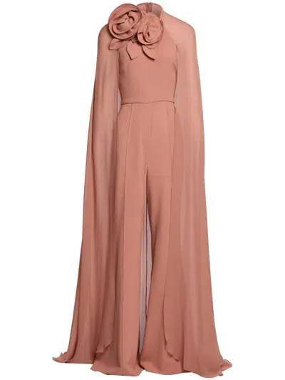 Elie Saab Cape-effect Appliquéd Chiffon-trimmed Cady Jumpsuit In Pink