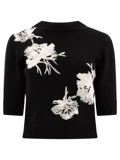 Elie Saab Wool Knit Floral Sweater In Black