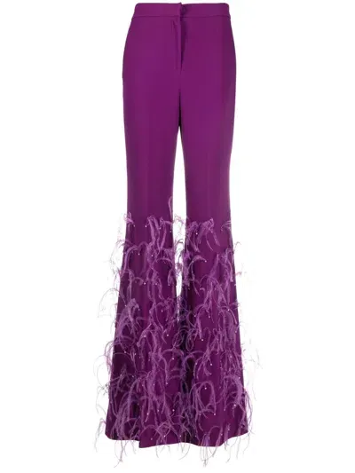 Elie Saab Feather-trim Crepe Flared Trousers In Purple