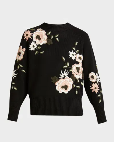 Elie Saab Embroidered Wool Crewneck Sweater In Black/multi