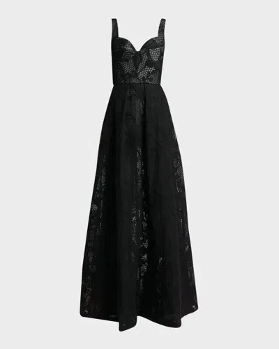 Elie Saab Lace Embroidered Tulle Sleeveless Bustier Gown In Black