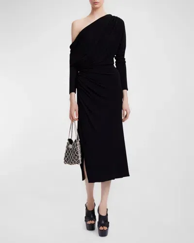 Elie Saab One-shoulder Long-sleeve Draped Jersey Midi Dress In Black