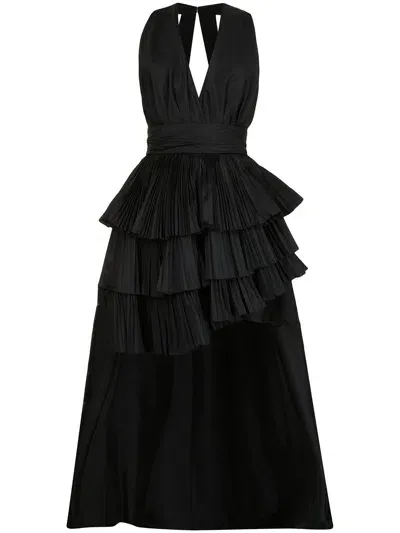 Elie Saab Pleated Plunge-neck Silk Dress In Black