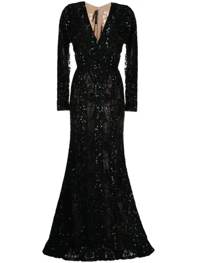 Elie Saab Bead Embroidered Long Sleeve Gown In Schwarz