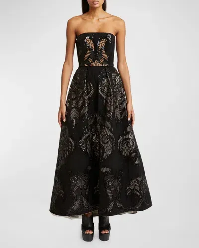 Elie Saab Strapless Sequin Lace Embroidered Tulle Midi Dress In Black