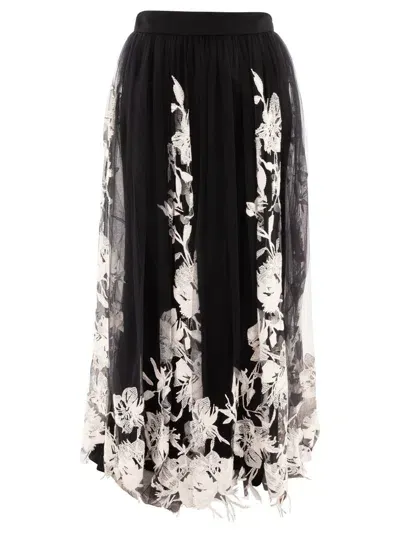 Elie Saab Tulle Floral Embroidered Midi Skirt In Black