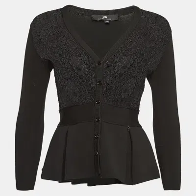 Pre-owned Elisabetta Franchi Black Lace And Knit Pleated Cardigan M