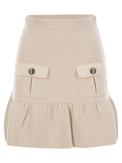 Elisabetta Franchi Bouclé Wool Miniskirt With Technical Sail Cloth Pockets In Light Beige