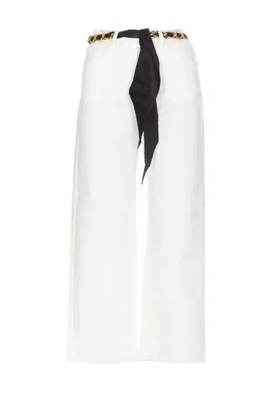 Elisabetta Franchi Cropped Wide Jeans With Chain Belt In White