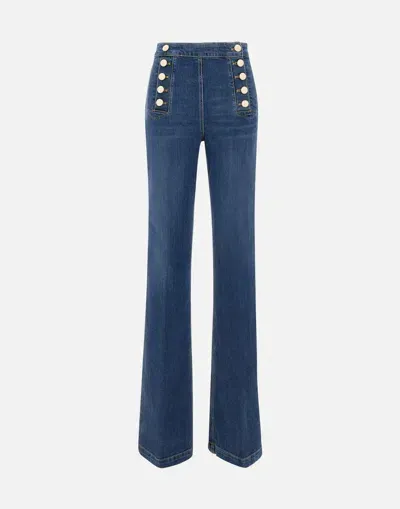 Elisabetta Franchi Dark Denim High Waist Sailor Button Jeans In 104