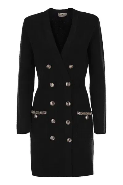 Elisabetta Franchi Robe Manteau In Bouclé Wool With Embroidery In Black