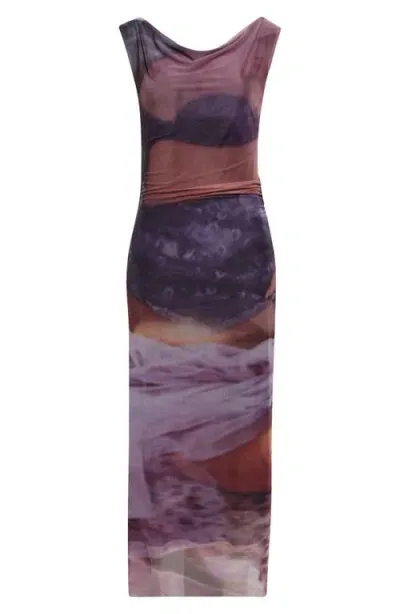 Elliss Dreamy Trompe L'oeil Mesh Cowl Neck Dress In Purple Multi