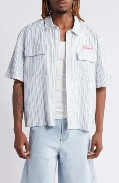 Elwood Boxy Short Sleeve Oxford Button-up Shirt In Navy White Stripe