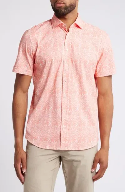 Emanuel Berg 4flex Modern Fit Leaf Print Short Sleeve Knit Button-up Shir In Bright Pink