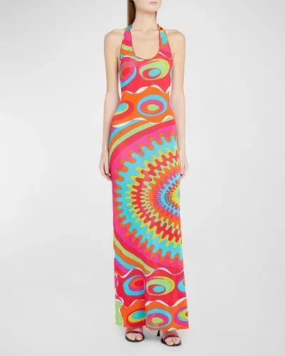 Emilio Pucci Halter Abstract-print Backless Maxi Dress In Fuxiaarancio