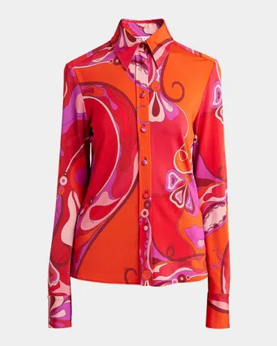 Emilio Pucci Long-sleeve Jersey Satin Button-down Shirt In Rosso Fuxia