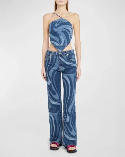 Emilio Pucci Mid-rise Swirl-print Denim Straight-leg Trousers In Blu/medio