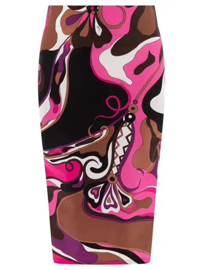 Emilio Pucci Orchidee Print Pencil Skirt In Brown