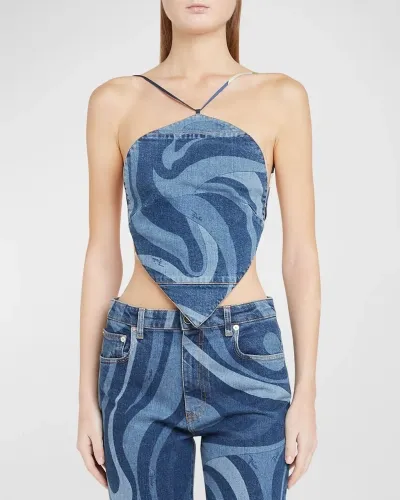 Emilio Pucci Swirl-print Strappy Backless Crop Halter Top In Blu/medio