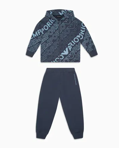 Emporio Armani Kids' Ea Crew Tracksuit With Hooded, Zip-up Jersey Sweatshirt With All-over Logo Print In Blue