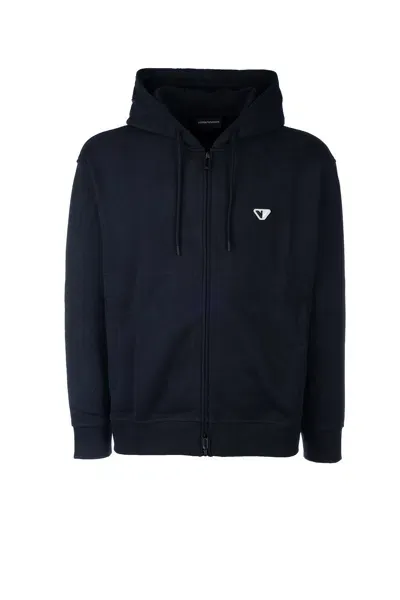 Emporio Armani Logo Embroidered Zipped Drawstring Hoodie In Navy