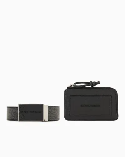 Emporio Armani Gift Box With Tumbled-leather Belt And Card Holder In Black