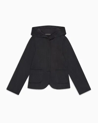 Emporio Armani Kids' Hooded Blazer With All-over Jacquard Logo Lettering In Blue