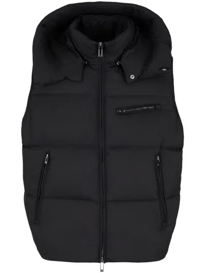 Emporio Armani Hooded Zip-front Down Vest In Black