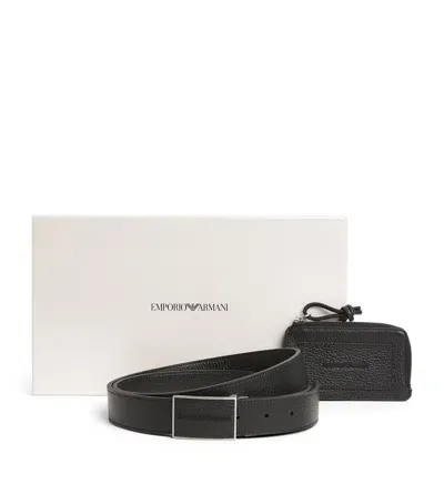 Emporio Armani Leather Belt And Card Holder Gift Set In Black