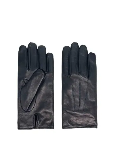 Emporio Armani Leather Gloves In Blue