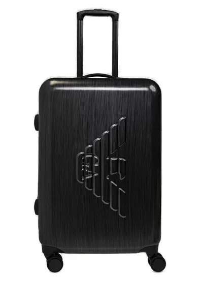 Emporio Armani Logo Embossed Four Wheels Suitcase In Grigio