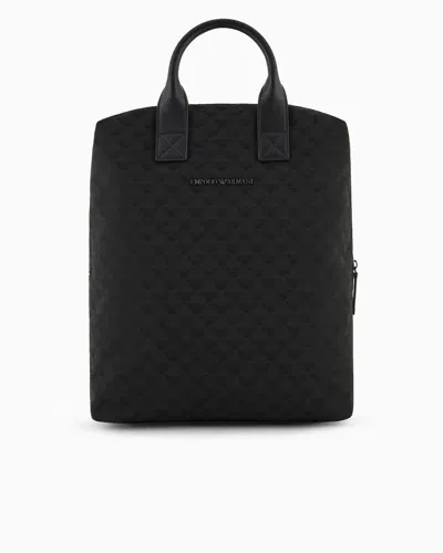 Emporio Armani Nylon Backpack With All-over Jacquard Eagle And Handles In Black