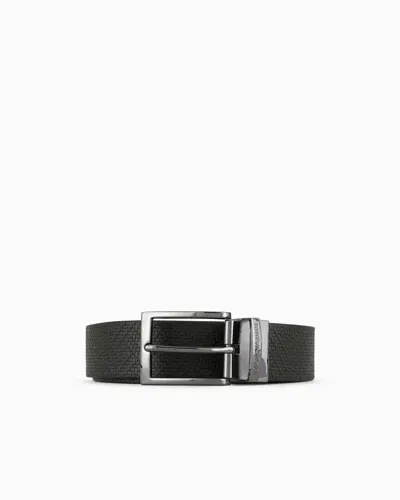 Emporio Armani Reversible Leather Belt In Weave Print In Black