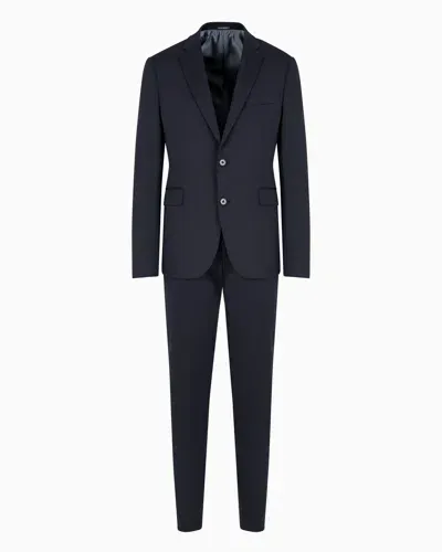 Emporio Armani Single-breasted, Slim-fit Suit In Armure Striped Virgin Wool In Blue