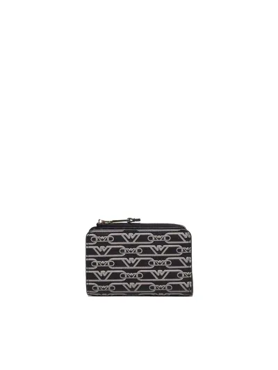 Emporio Armani Wallet With Zip In Fabric With Jacquard Logo In Nero-ecru