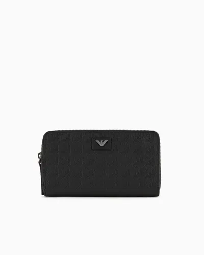 Emporio Armani Zip-around Leather Wallet With All-over Embossed Eagle In Black