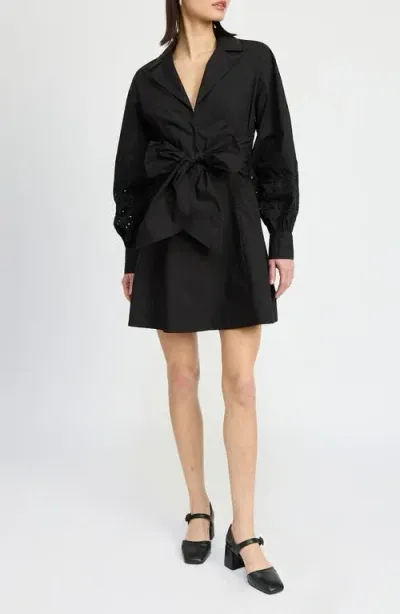 En Saison Benedetta Eyelet Detail Long Sleeve Cotton Mini Shirtdress In Black