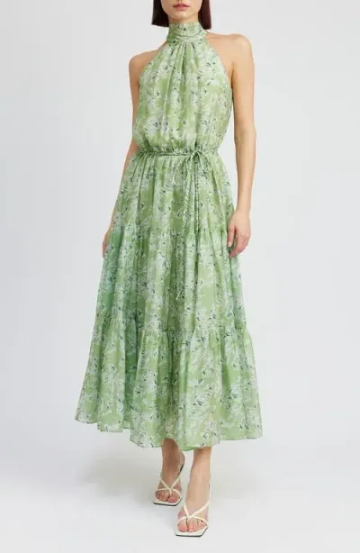 En Saison Laguna Floral Print Halter Dress In Lt Green Teal