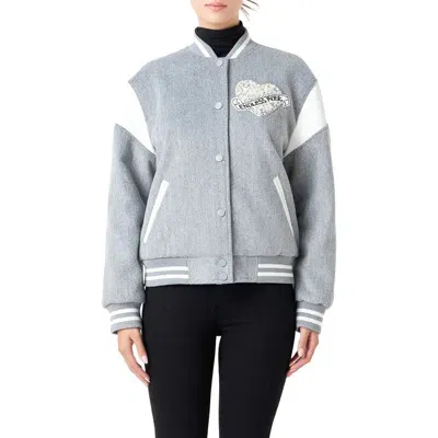 Endless Rose Beaded Patch Detail Bomber Jacket In Heather Grey