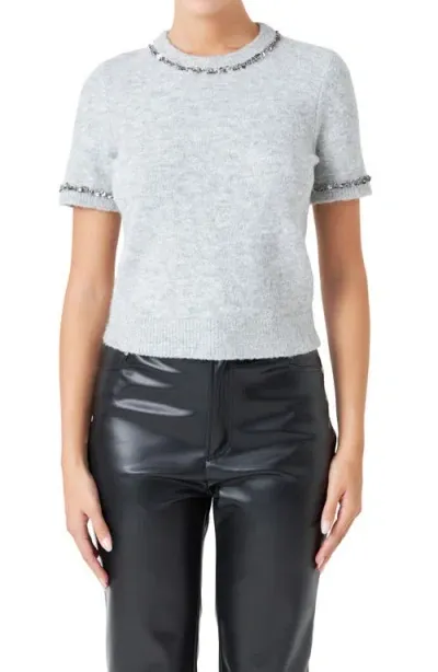 Endless Rose Paillette Trim Short Sleeve Sweater In Heather Grey